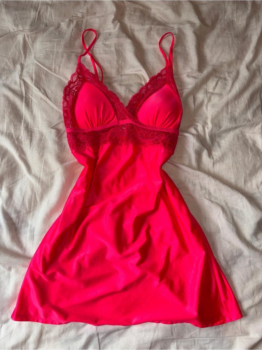 La Senza Hot neon Pink Satin Lace Babydoll Nightie XS Y2K